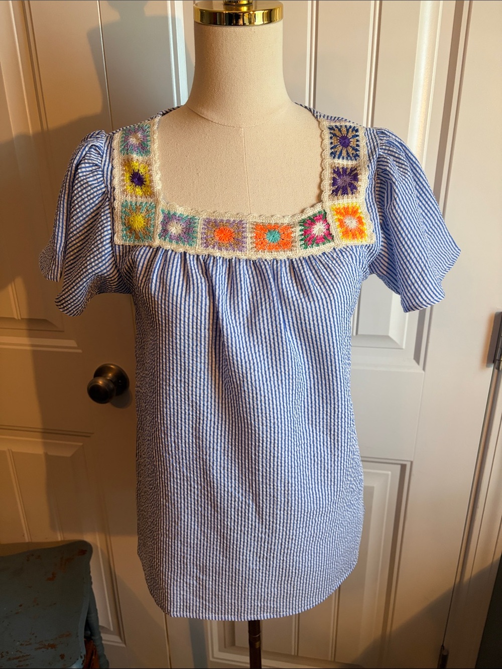 Coco + Carmen Blue Seersucker Top with Multicolor Crochet Yoke